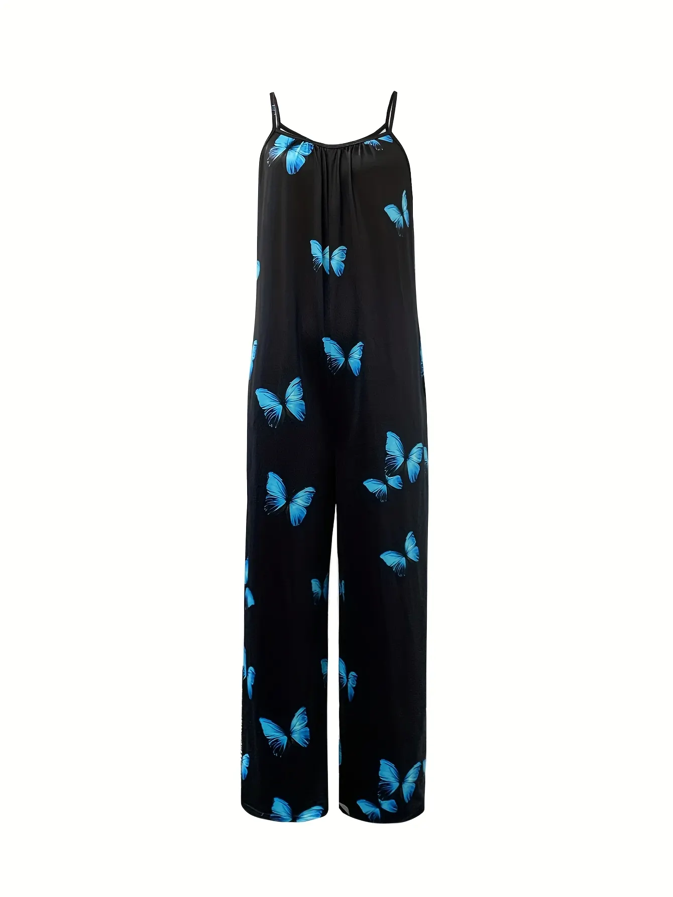 Womens Stylish Butterfly Print Jumpsuit Vacation-Ready Wide-_leg Design Black With Blue | IFYHOME