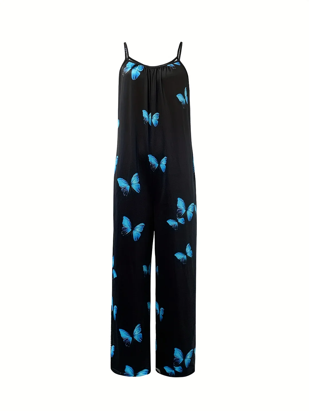 Women's Stylish Butterfly Print Sleeveless Jumpsuit - Vacation-Ready Wide-Leg Design, Black With Blue Butterflies, Polyester Blend, Perfect For Spring/Summer/Fall | IFYHOME
