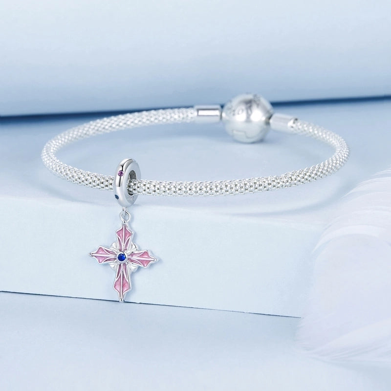 Aifule Artistic Vintage Pink Cross Pendant S925 Sterling Silver Personalized Beaded Loose Beads DIY Ornament