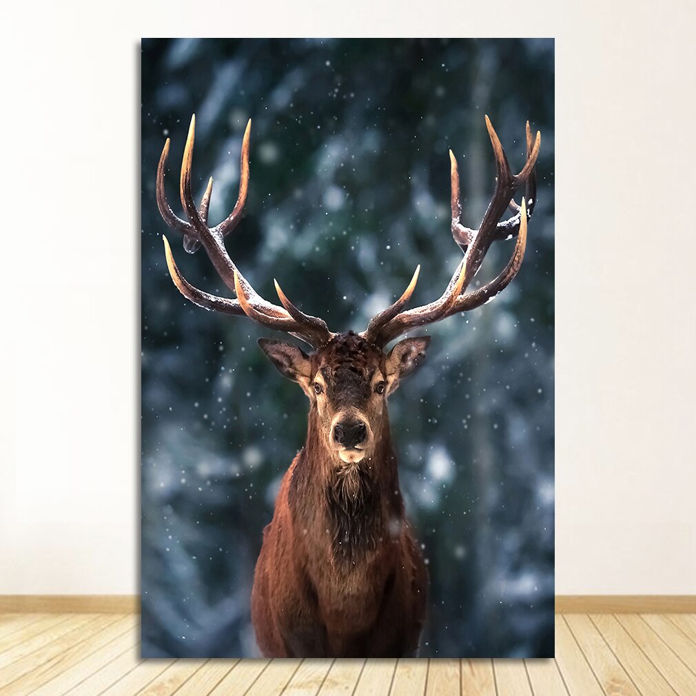 MOINES Deer Poster Animal Lake Boat Christmas Leaves Snow Mountain Prints Painting Nature Picture Decor Nordic Snowing Landscape