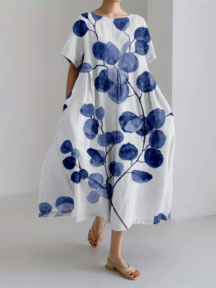 Comstylish Floral Print Round Neck Loose Midi Dress
