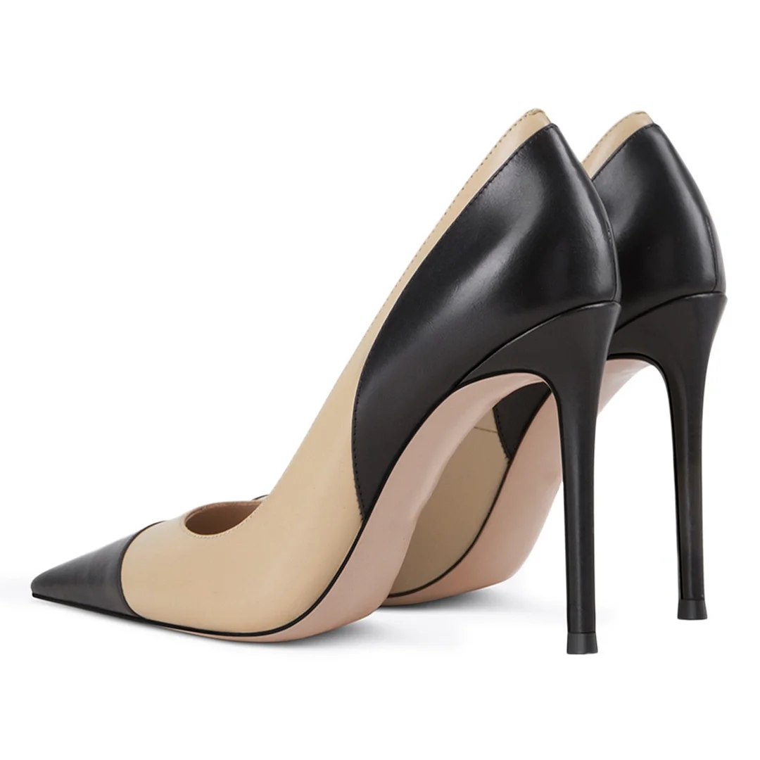 Black and Beige Stiletto Heel Slip-On Pointed Toe Pumps Shoes