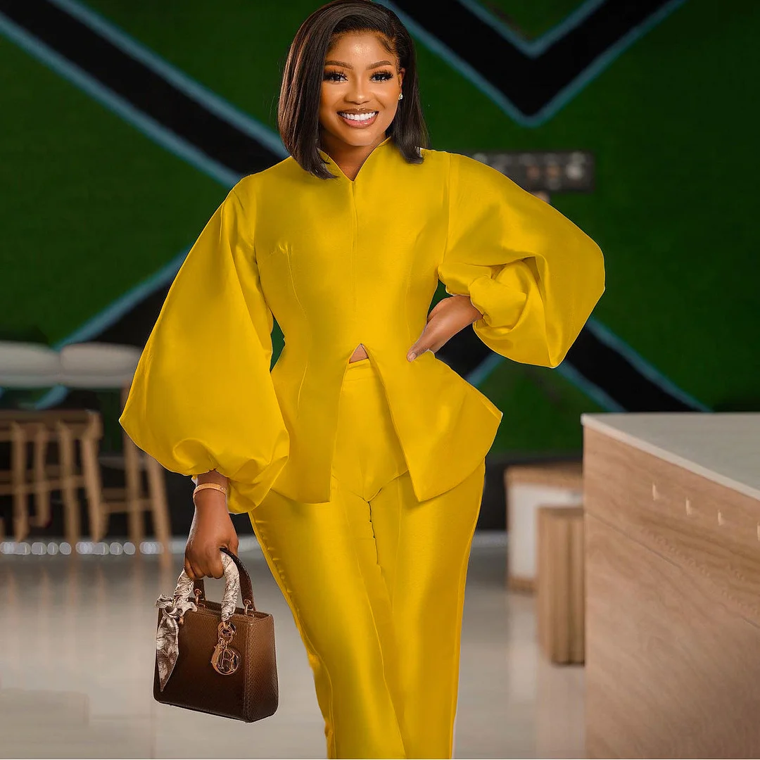 Brownm Commute Blouse And Pants Casual Long Sleeve Top Trousers Suit Two-piece Set