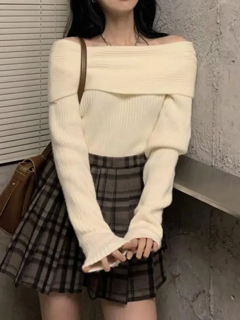 Brownm Off Shoulder Knitted Sweater