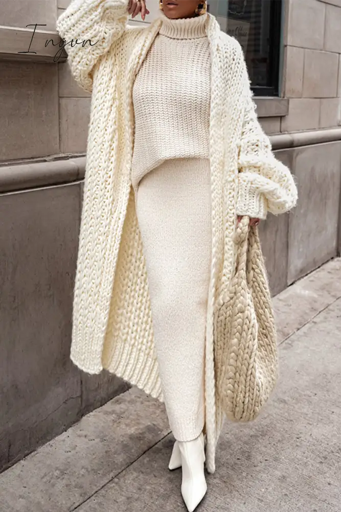 Ingvn - Casual Solid Weave Cardigan Collar Outerwear White / S Outerwear/Knitted Jacket