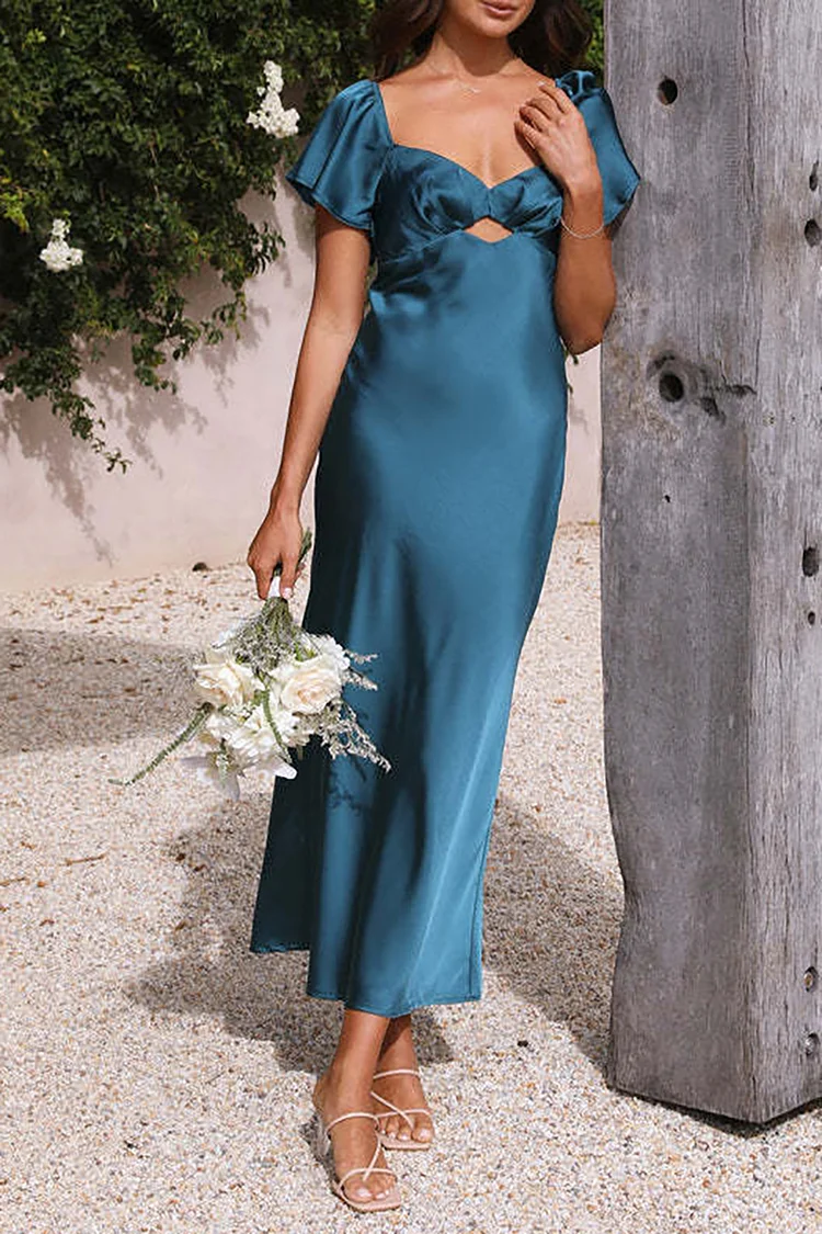 Short Flare Sleeve Cutout Backless Irregular Neck Slim Satin Elegant Bridesmaid Maxi Dresses