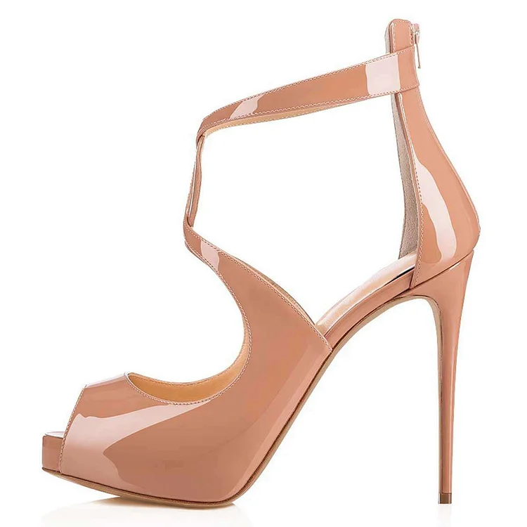 Nude Patent Leather Peep Toe Cross Over Stiletto Heel Pumps Vdcoo