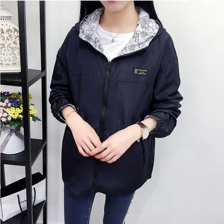 NEEDBO NEW Women Bomber Women Jacket Pocket Hooded Two Side Wear Outwear Windbreaker Famale Zipper Long Sleeve Coat 2021