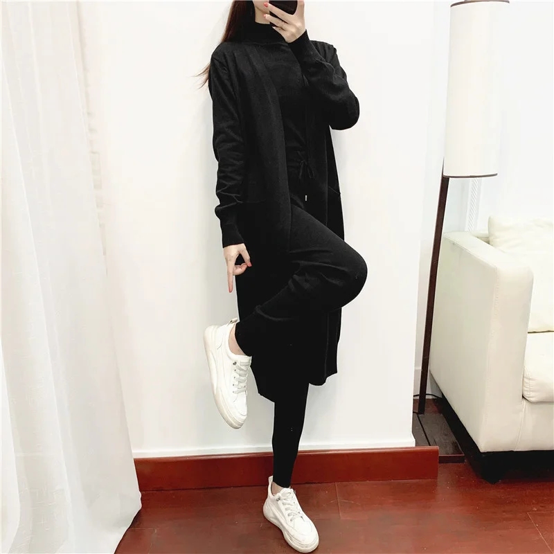 European Station Autumn Fashion Temperament Set Women's Foreign Gas Reduction Casual Knitted Cardigan Vest Pants Three -piece