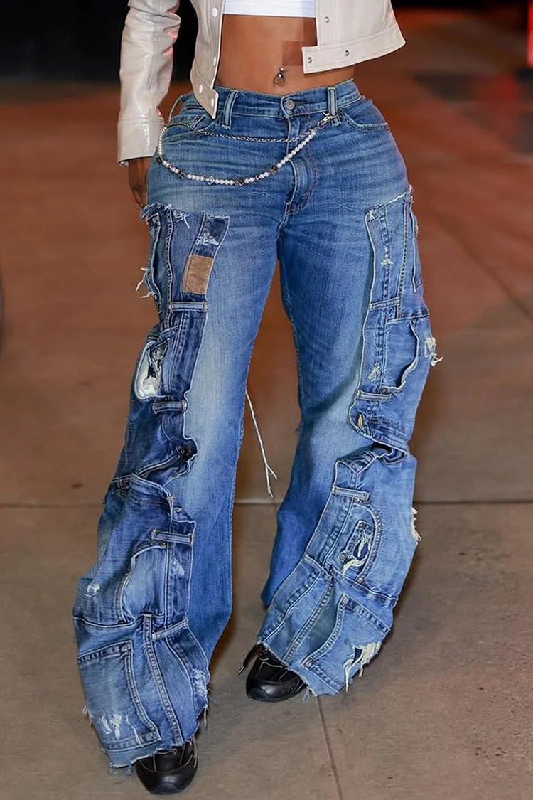 Plus Size Daily Blue Contrast Pocket Denim Jeans [Pre-Order] 2024 - Xpluswear