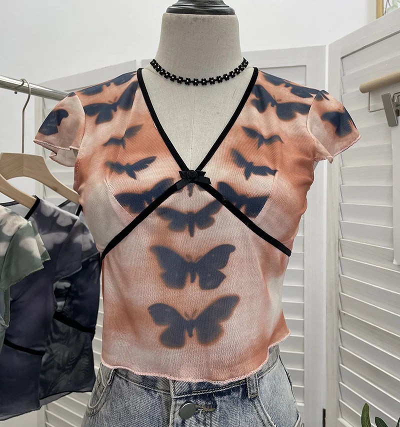 Uveng Sexy Hottie V-Neck Butterfly Print Short-Sleeved T-Shirt Slime Short-Navel Net T-Shirt Girl 9920
