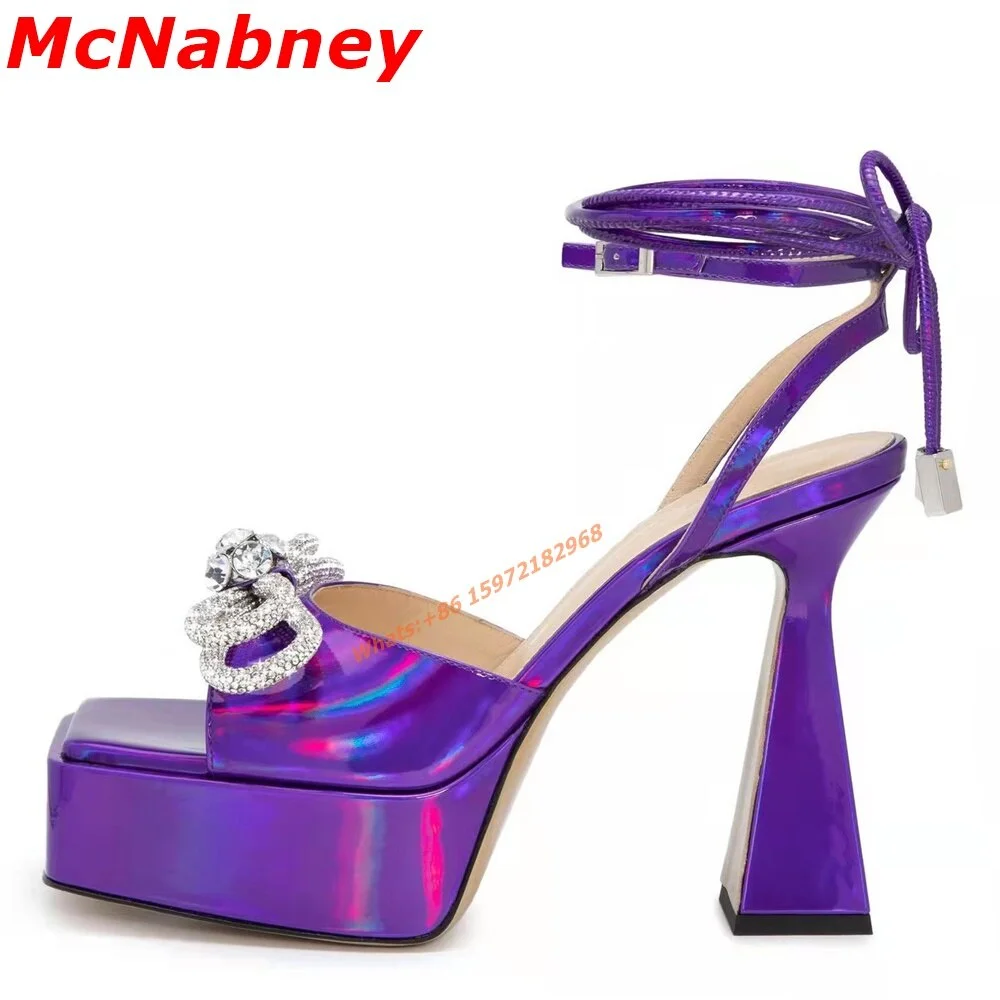 New Sexy Laser Strange Style Sandals Platform Square Toe Crystal Bow Knot Women Shoes Lace Up Patent Ankle Buckles Summer Shoes
