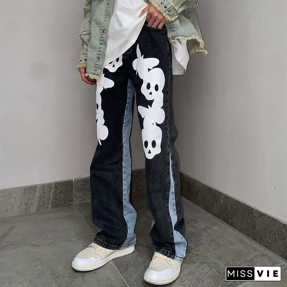 Dark Skull Print Loose Denim Pants