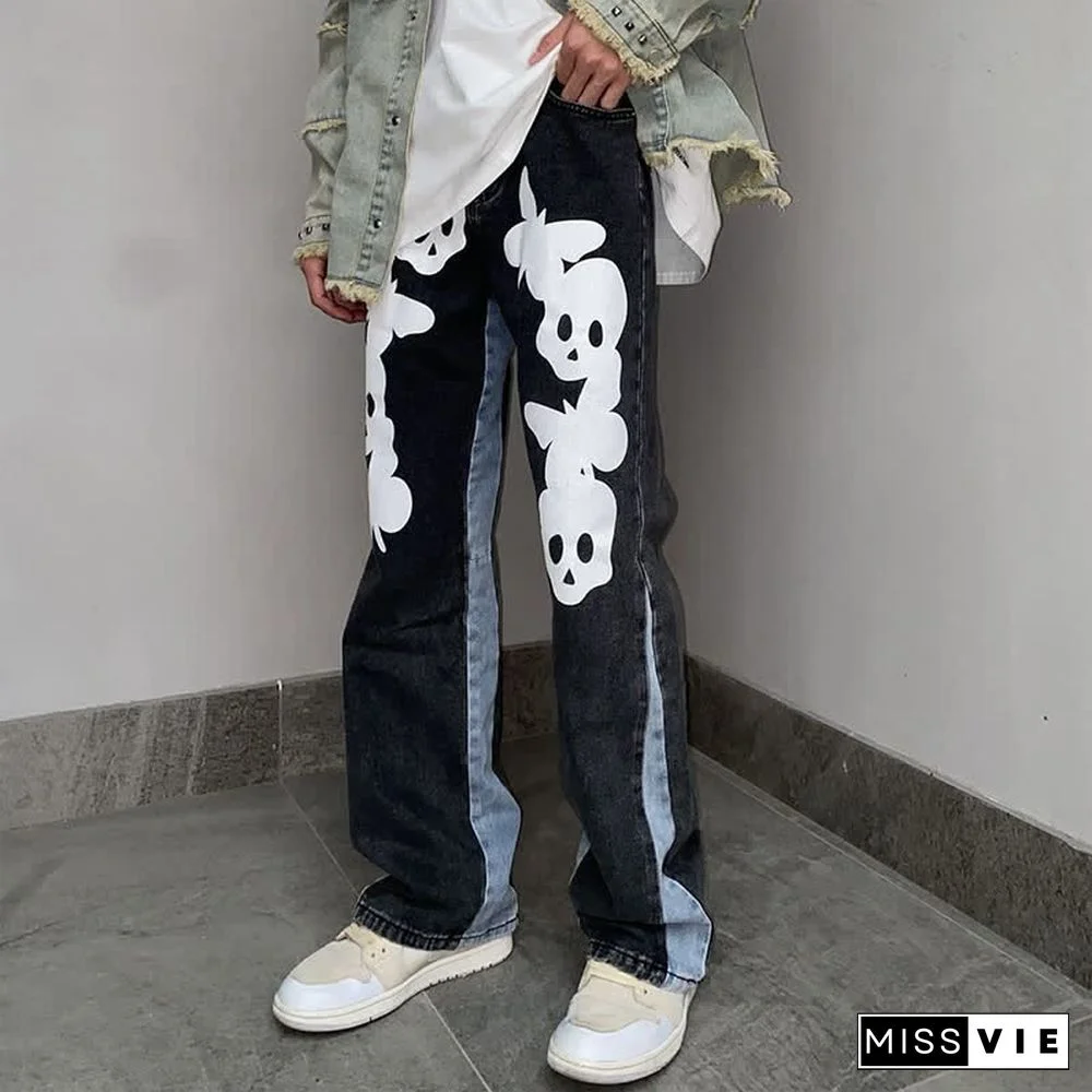 Dark Skull Print Loose Denim Pants