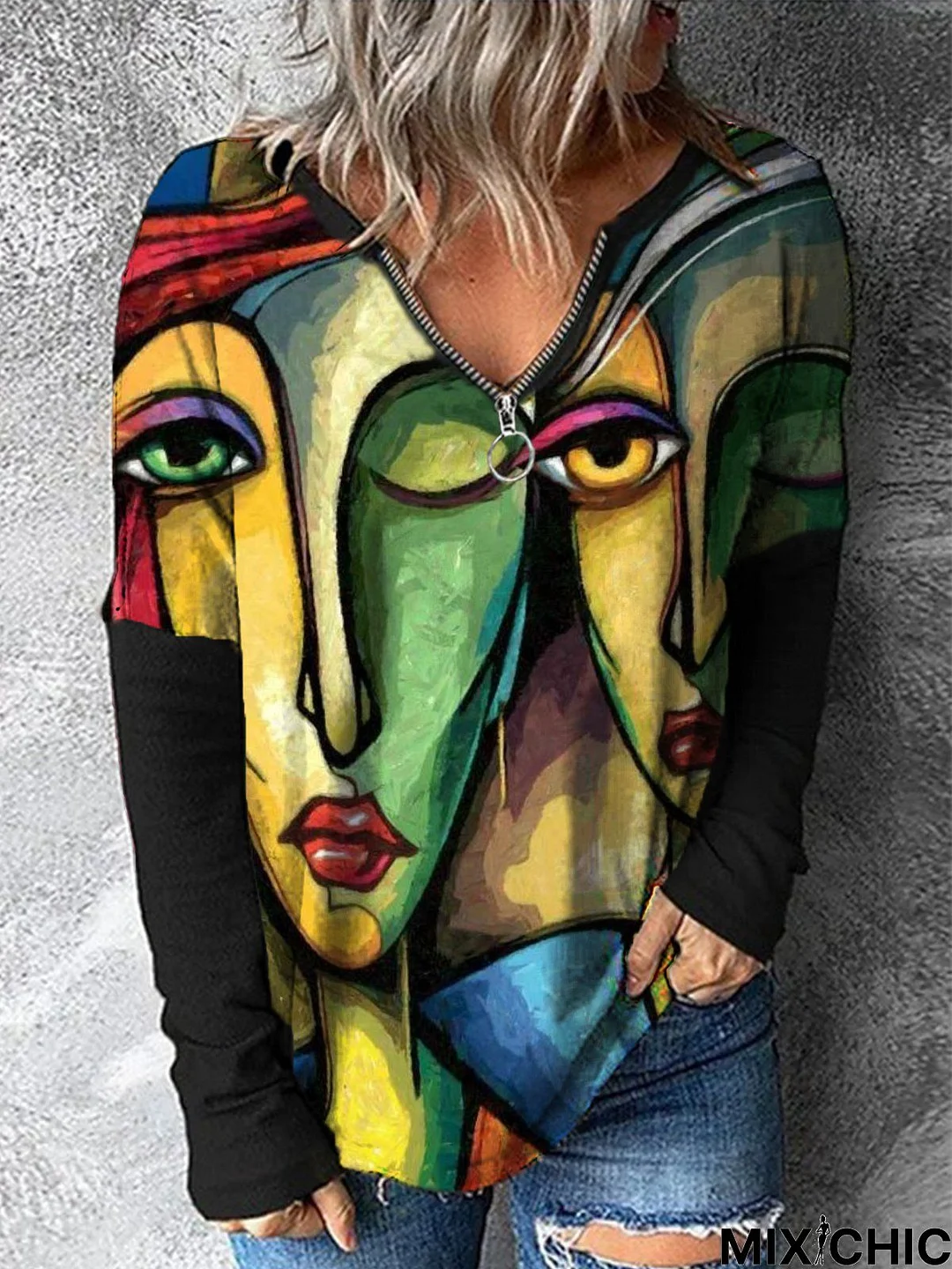 Casual Abstract Loosen V neck Long Sleeve Tunic Top