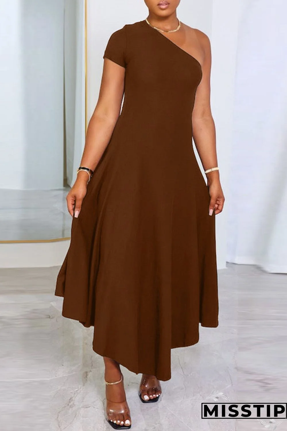 Khaki Casual Solid Patchwork Oblique Collar A Line Dresses