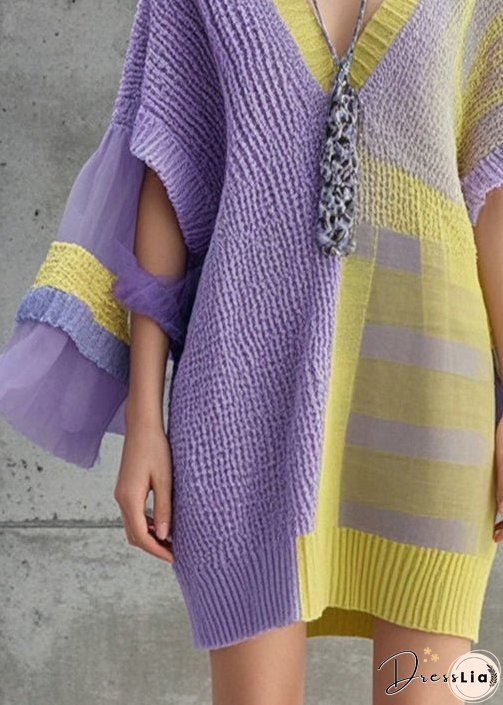 Women Lavender Asymmetrical Patchwork Tulle Knitwear Dress Fall