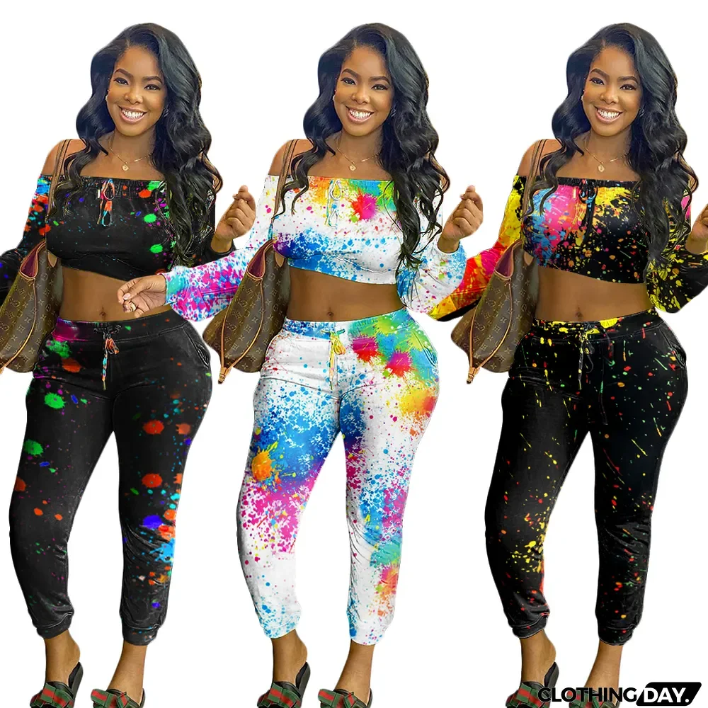 Casual Printed Off Shoulder Long Sleeve 2 Piece Suits