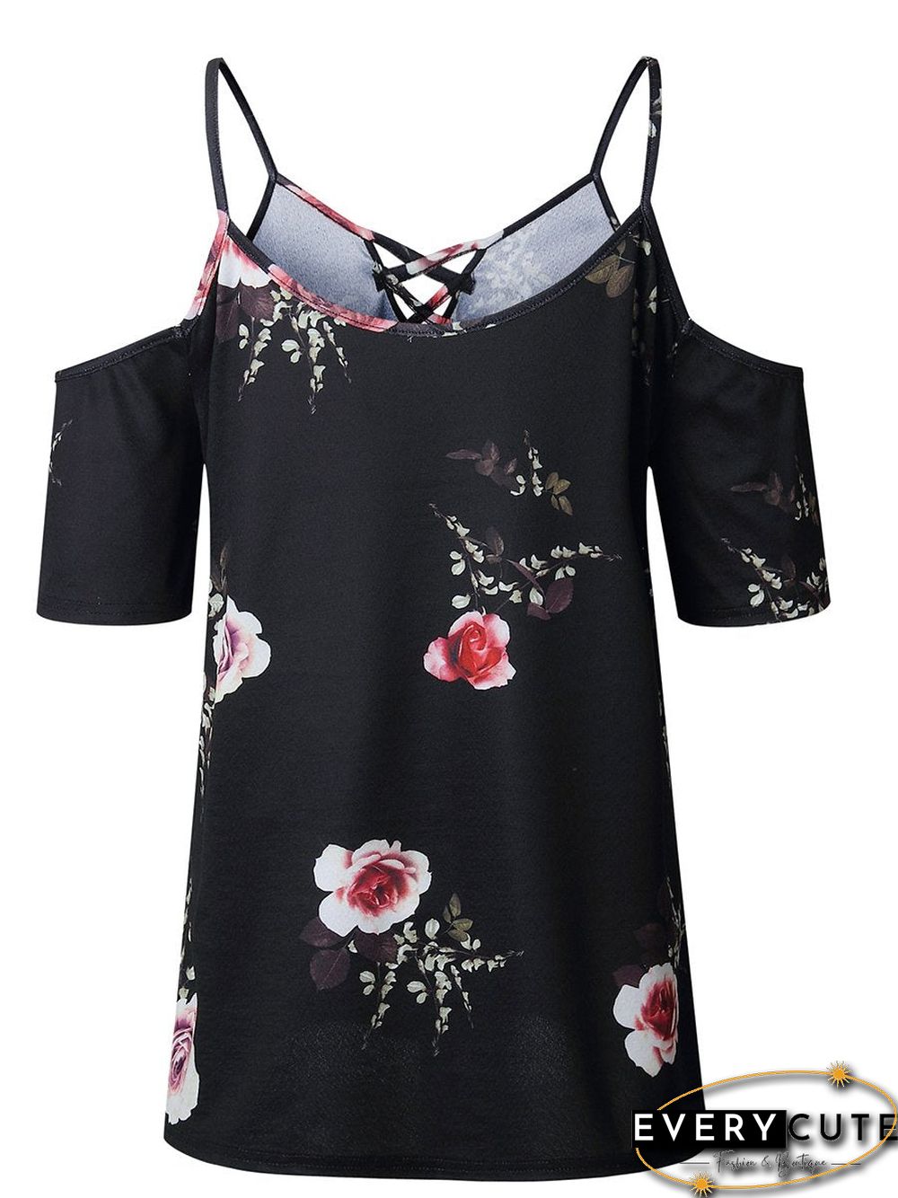 Cold Shoulder Straps Short Sleeves Floral T-Shirt Top