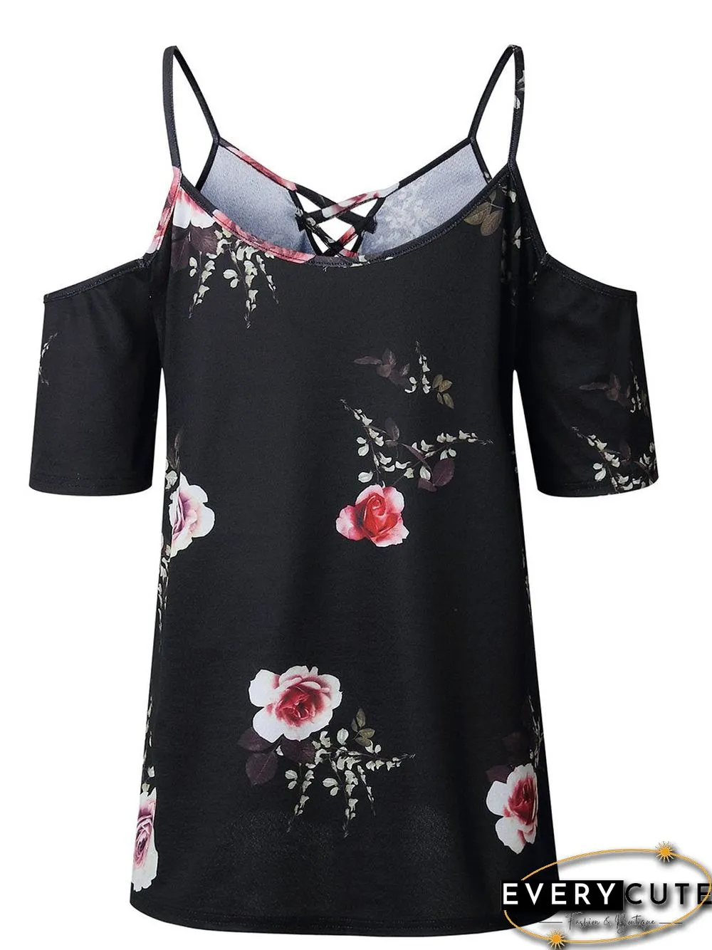 Cold Shoulder Straps Short Sleeves Floral T-Shirt Top
