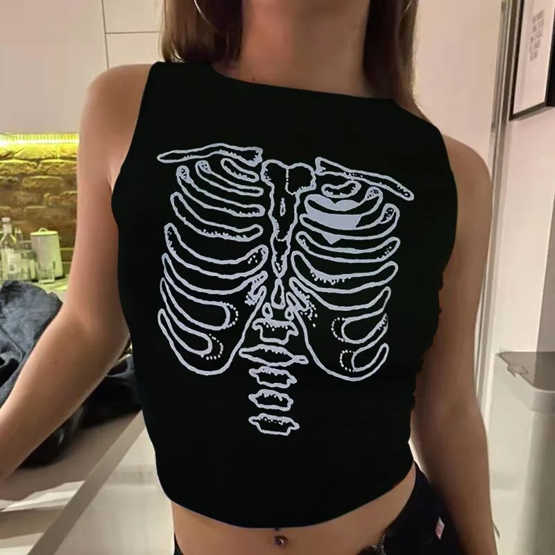 2023 Summer New  Women’s Slim Fit Abstract Printing Vest Top Causal Round Neck Exposed Navel Sleeveless Tops Fashion Tanks