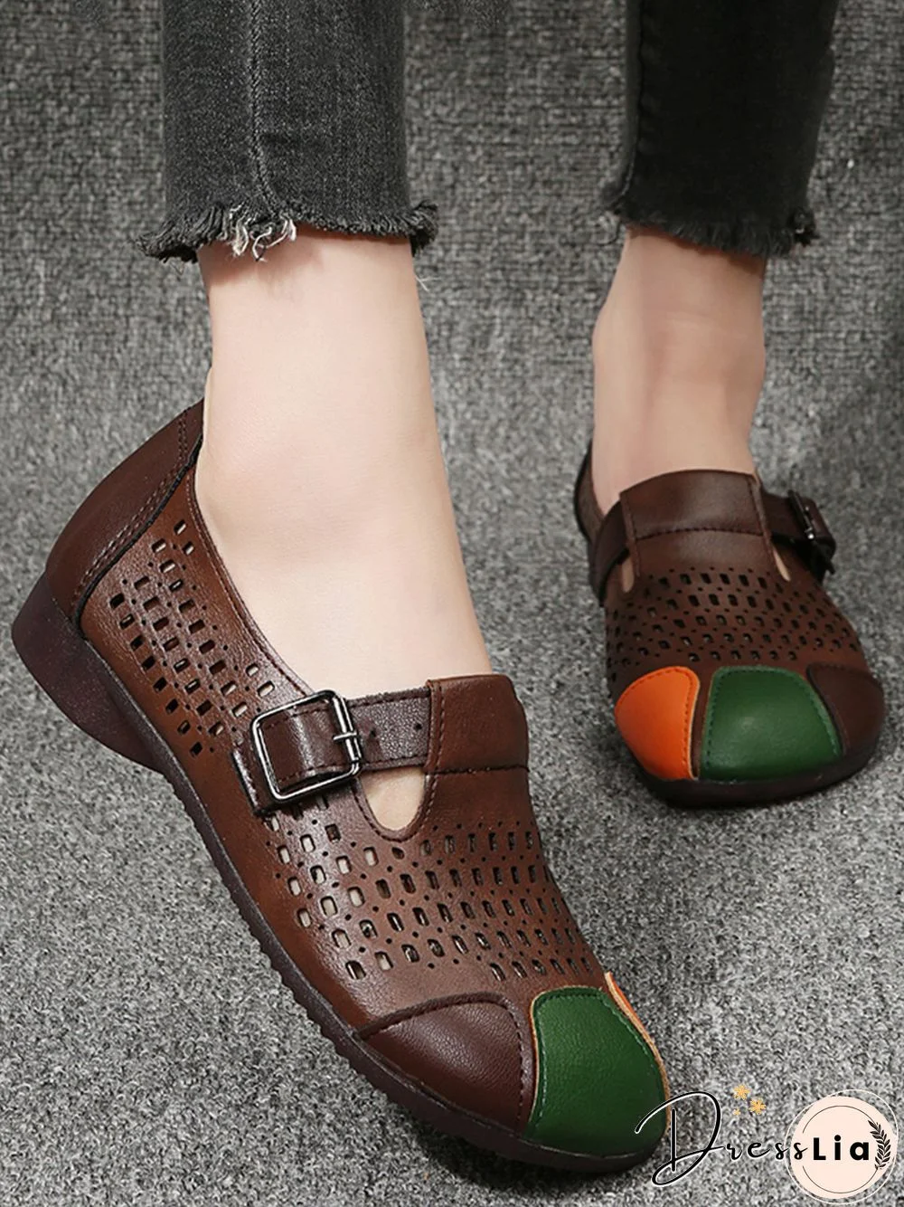 Women Vintage Color Block All Season Hollow out Daily Round Toe PU Pu Mother's Day Flats