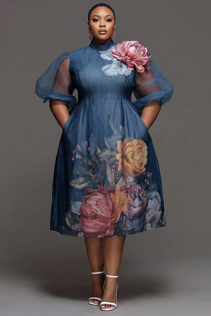 Xpluswear Design Plus Size Mother Of The Bride Blue Round Neck Puff Sleeve Short Sleeve Pocket 3D Denim Midi Dresses 2024 - Xpluswear