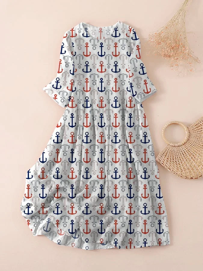 Women's Navy Crew Neck Printed Dress