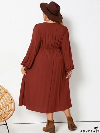 Plus Size Lace Detail V-Neck Balloon Sleeve Dress