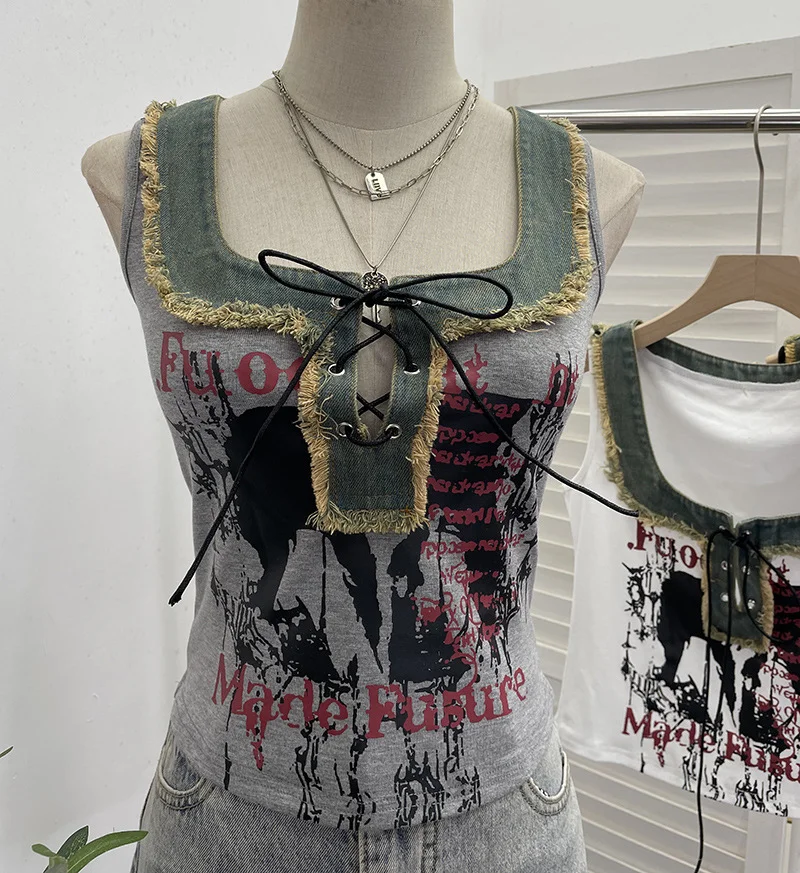 Nigikala Nigikala Shooting Hottie Hairy Denim Spliced Printed Vest With Bows Short Sleeveless Top 8926