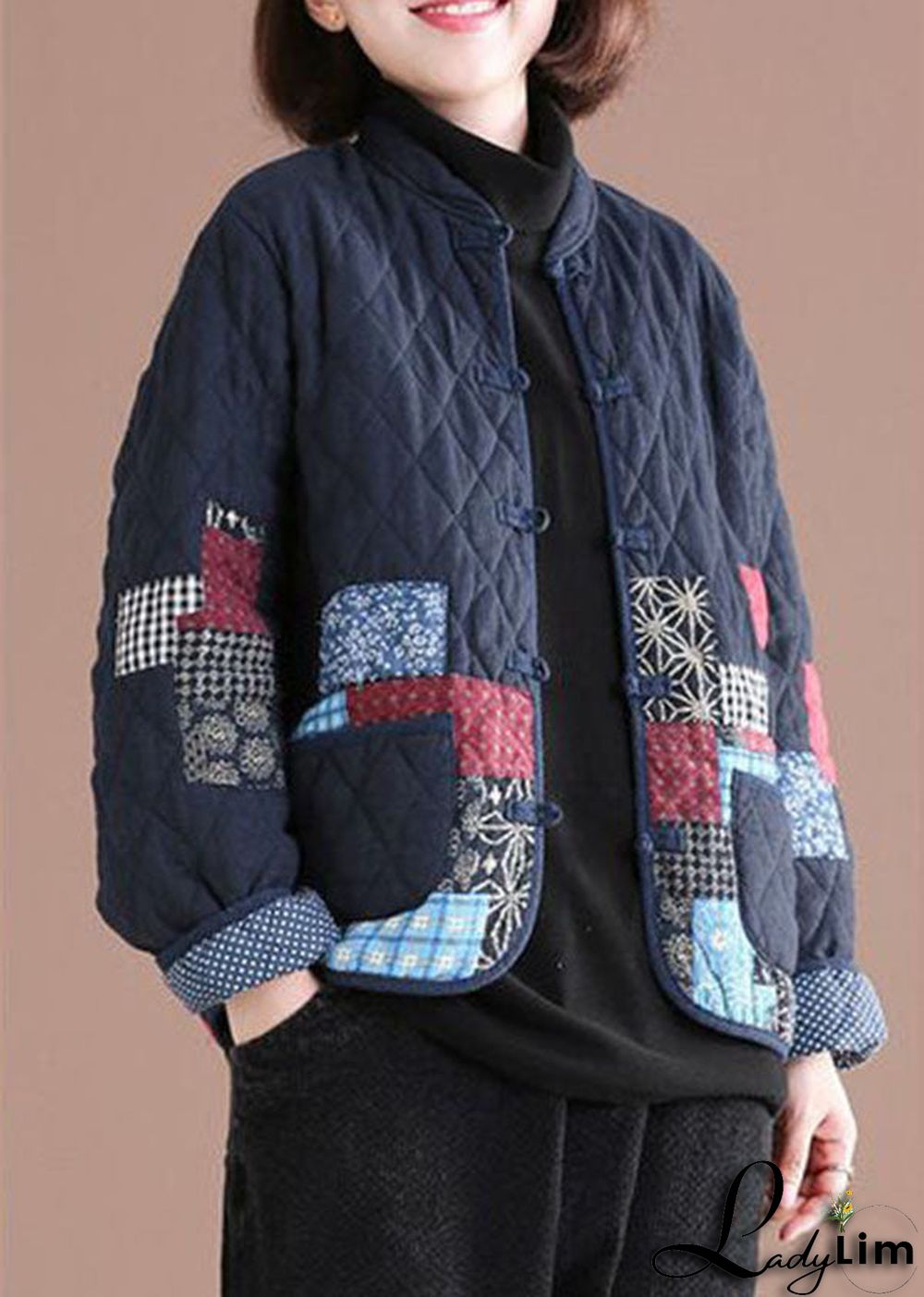 Retro Blue Oriental Patchwork Applique Fine Cotton Filled Jackets Winter