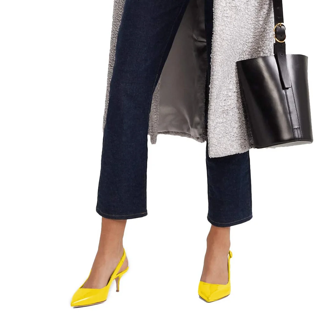 Yellow Pointed Toe Kitten Heel Pumps for Women with Slingback