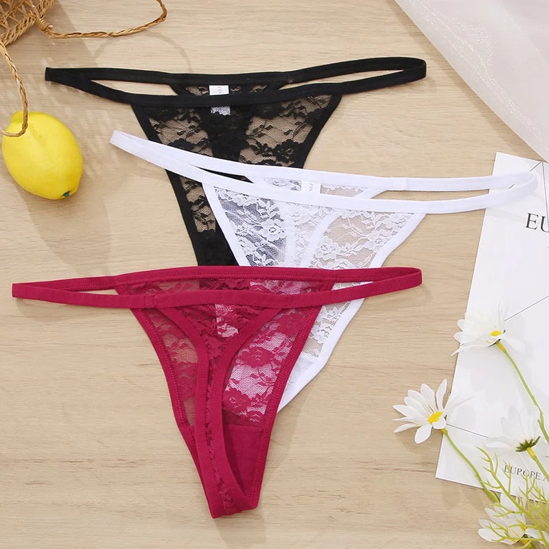 FINETOO 3Pcs Low-rise Lace Thongs Women M-XL Sexy T-Back Thong Panties Lace G-string Underwear Girls Underpants 5 Colors 2021