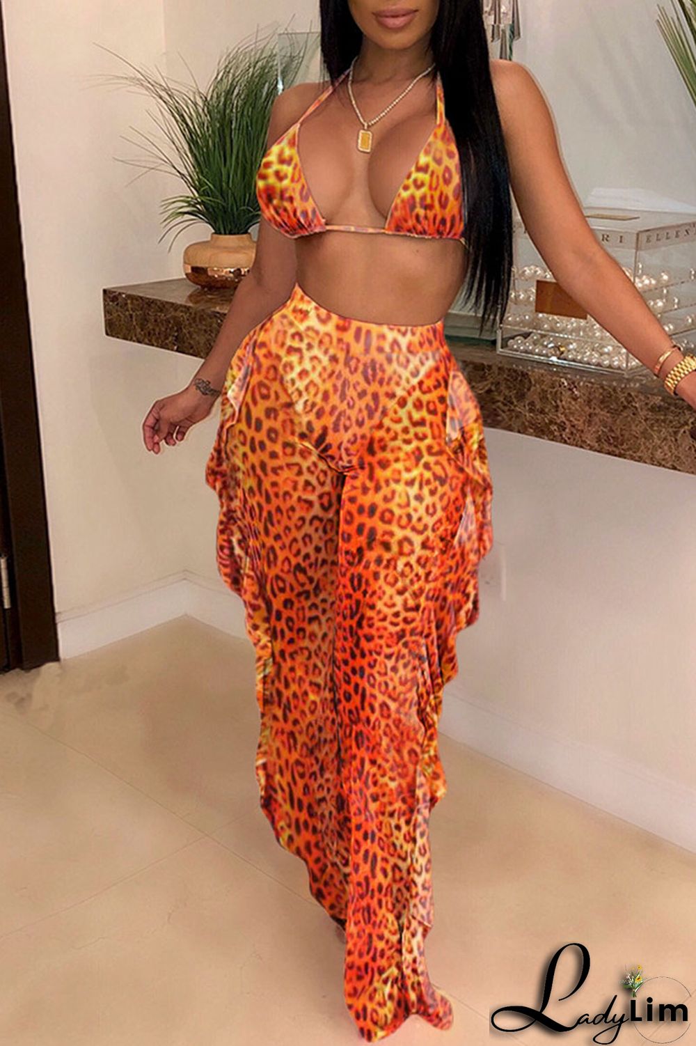 Pink Sexy Print Split Joint Flounce Halter Sleeveless Two Pieces