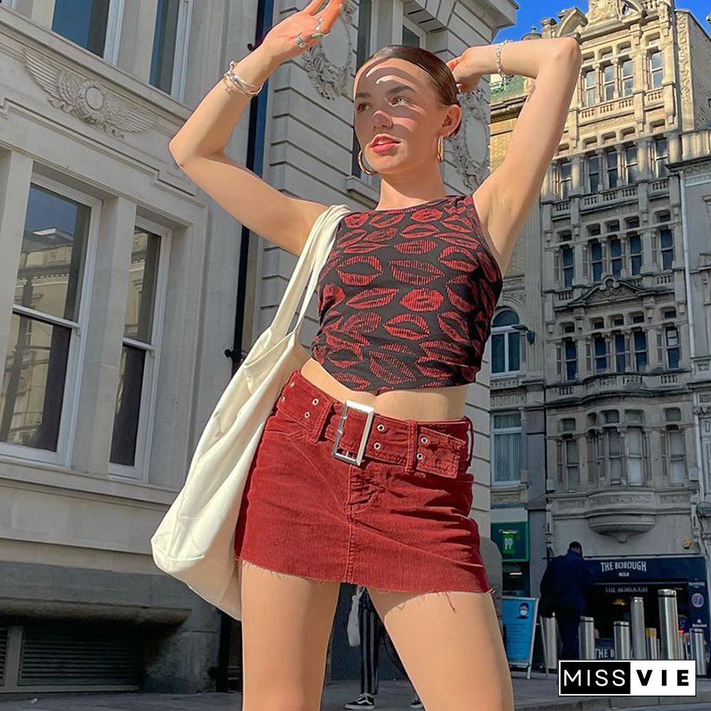 Y2k Aesthetic Lip Print Crop Tops Women Grunge Fairy Core Backless Tshirt Vintage Sweat Shirts Graphic Tee Streetwear