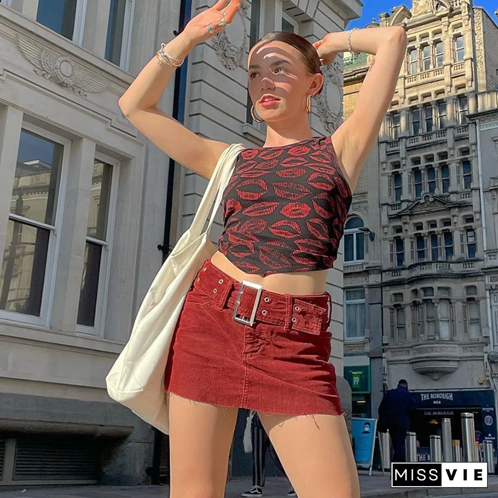 Y2k Aesthetic Lip Print Crop Tops Women Grunge Fairy Core Backless Tshirt Vintage Sweat Shirts Graphic Tee Streetwear