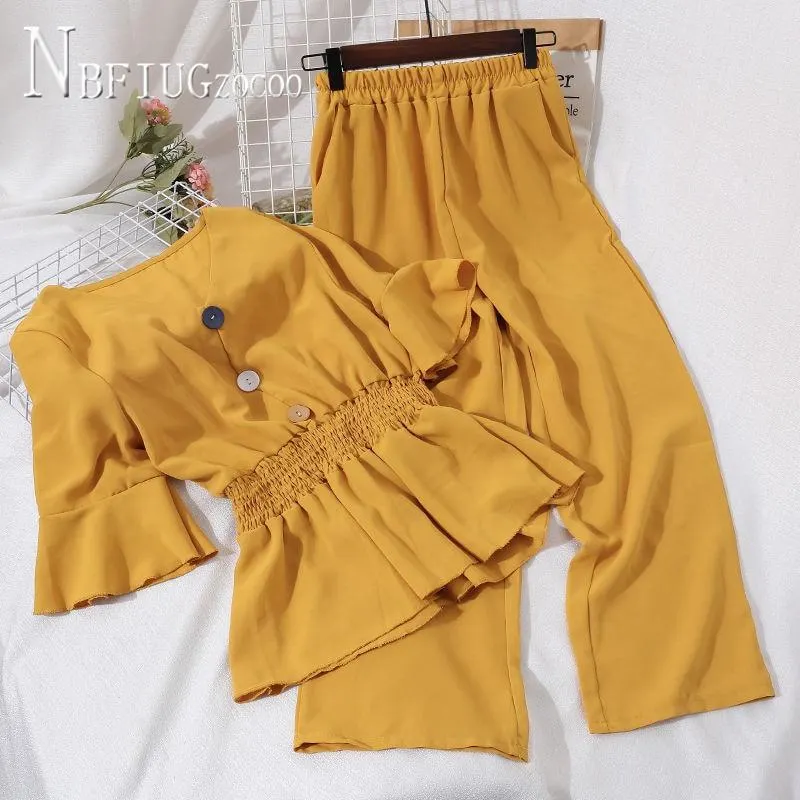 V Neck Elastic Waist Ruffles Hem Blouse And High Waist Slim Wide Leg Pants Women Sets