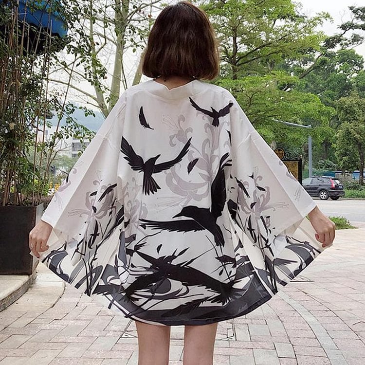 White Flying Birds Kimono Coat SP13962
