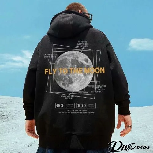 Men Plus Size Casual Long Sleeve Hat Rope Pocket Design Moon Printed Loose Fleece-lined Hoodie