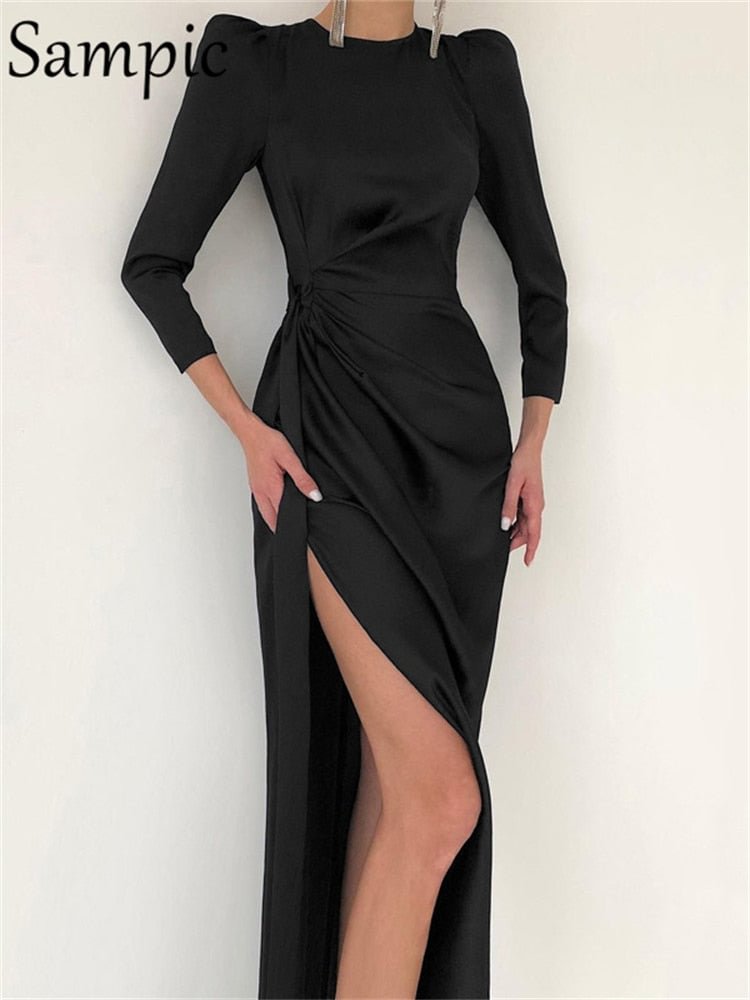 Sampic O Neck Women Elegant Satin Long Sexy Club High Split Wrap Dress Party Ladies Clothing 2021 Black Long Sleeve Dresses