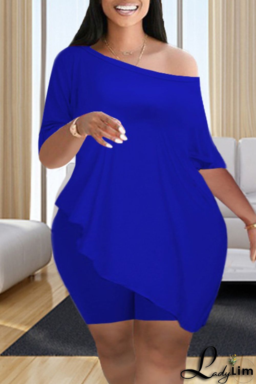 Black Fashion Casual Solid Asymmetrical Oblique Collar Half Sleeve Two Pieces