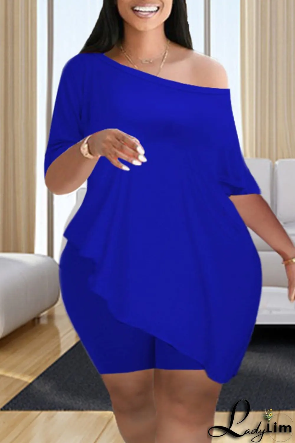 Black Fashion Casual Solid Asymmetrical Oblique Collar Half Sleeve Two Pieces