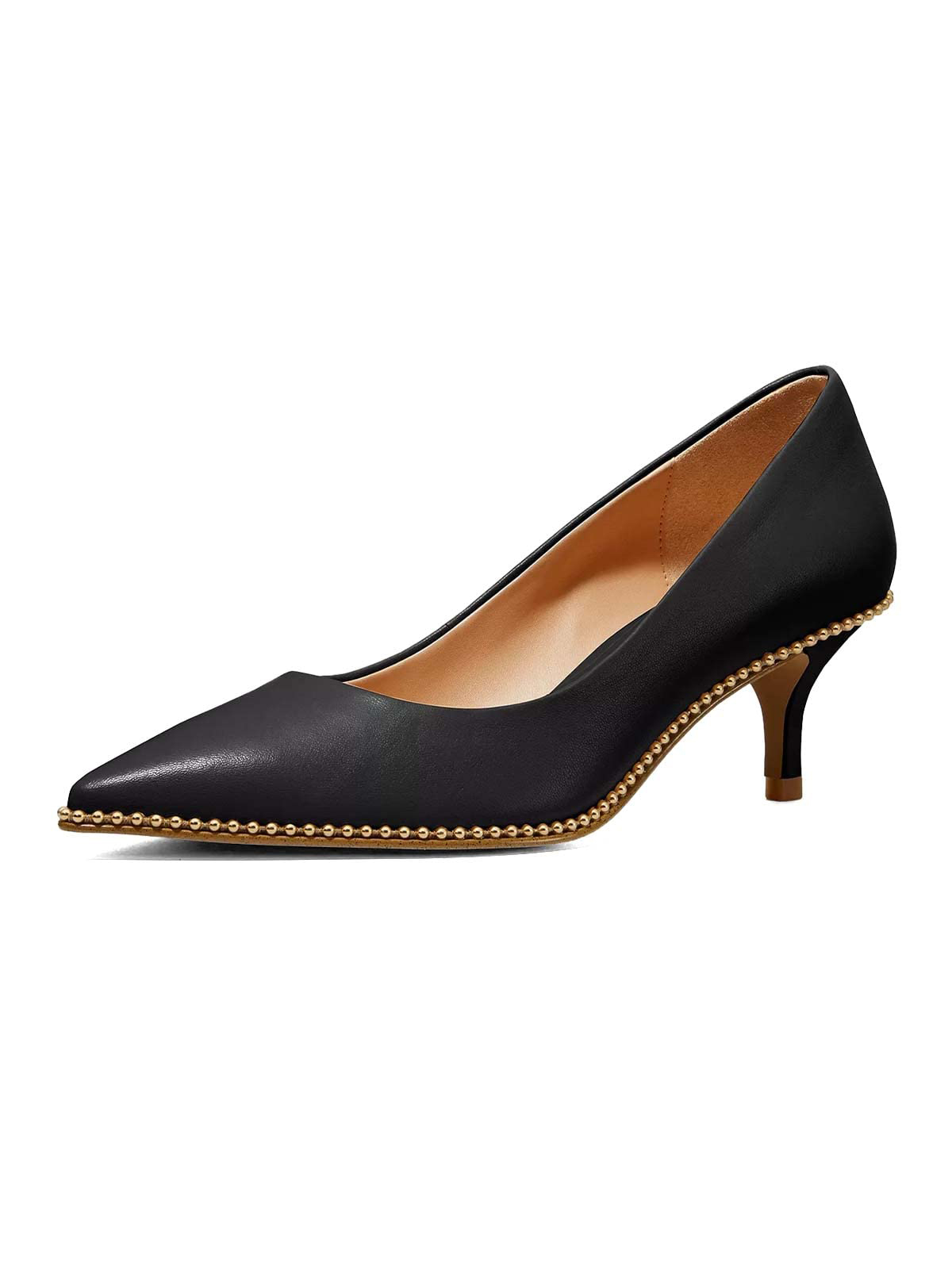 Black Pointed Toe Office Kitten Heel Pumps with Gold Beaded