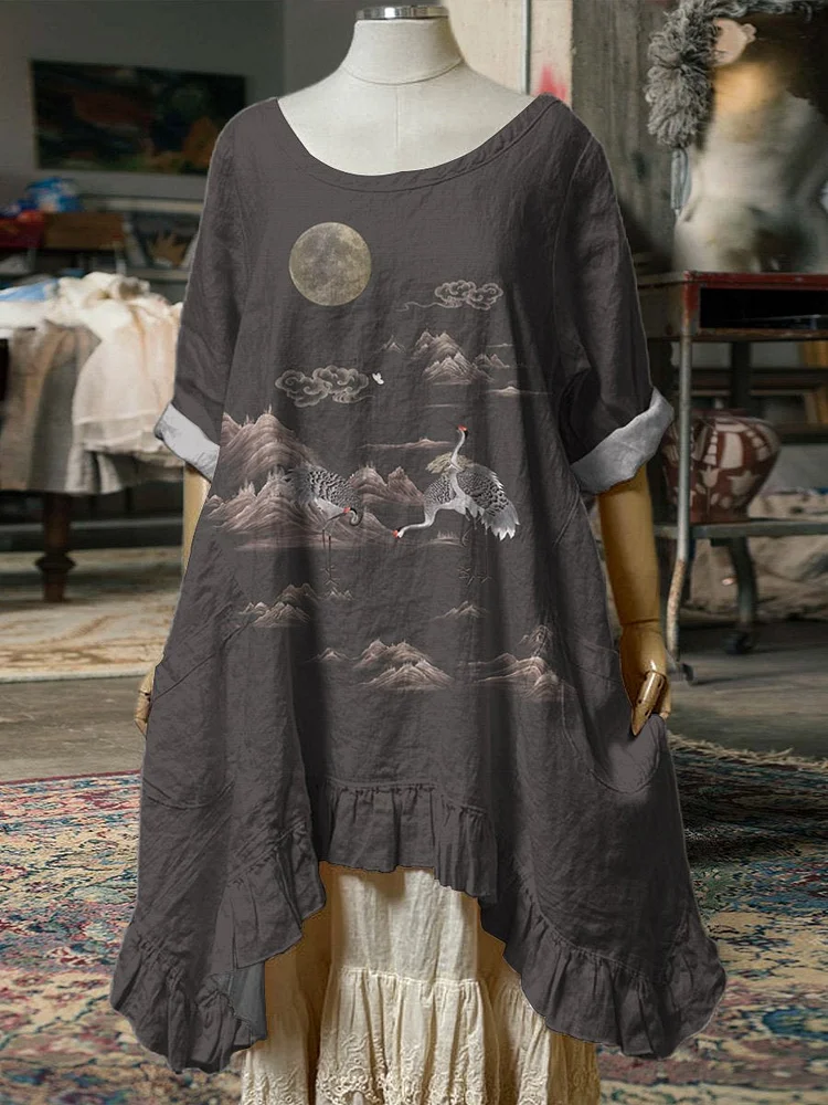 Oriental Crane Ink Wash Art Printed Women's Pocket Cotton Dress