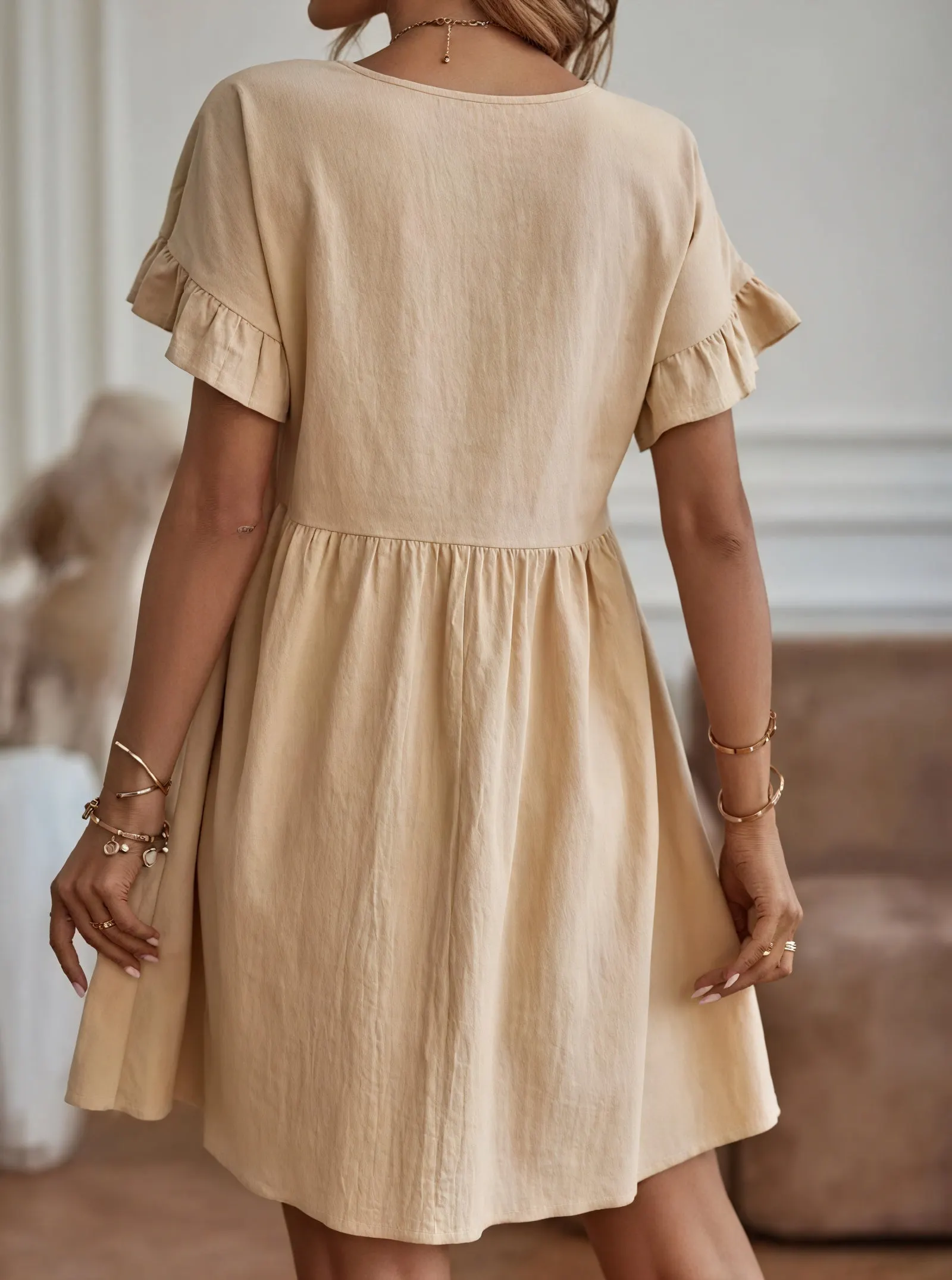 Damen Kleid – A-Linie, Rüschenärmel, Tailliert, Casual Stil-82588-c3791d0e-086a-4539-93f3-5c839663355a