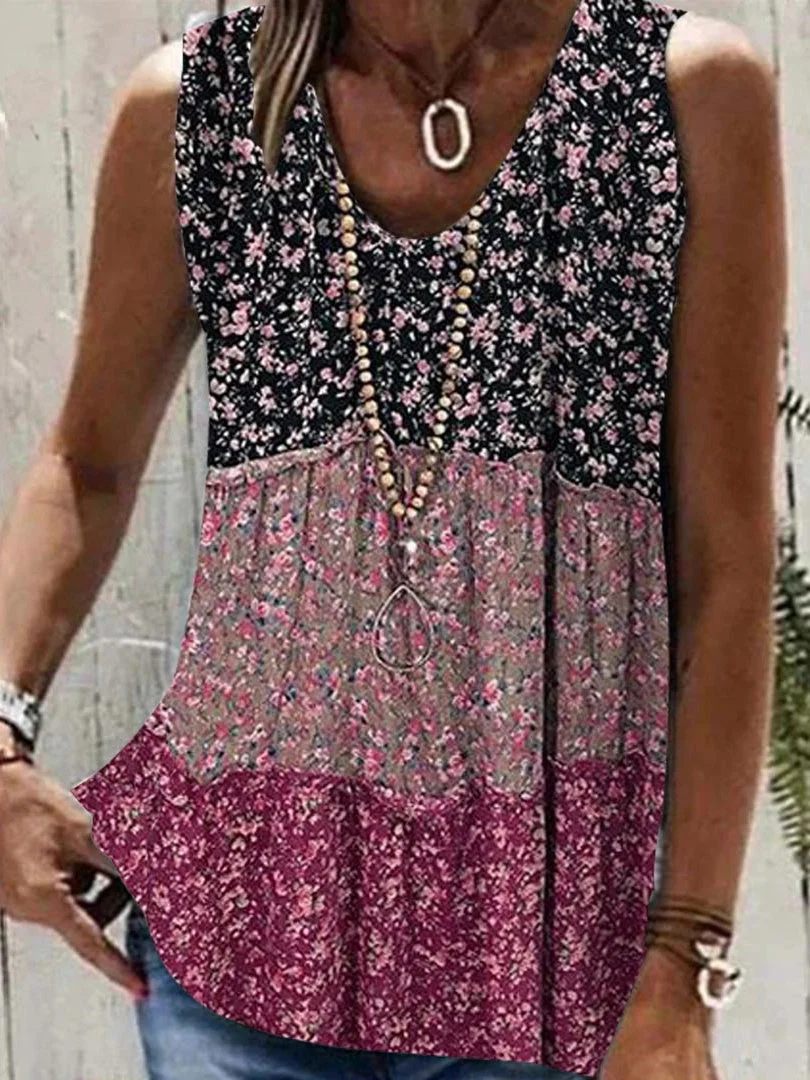 Women Sleeveless V-neck Floral Printed Stitching Top