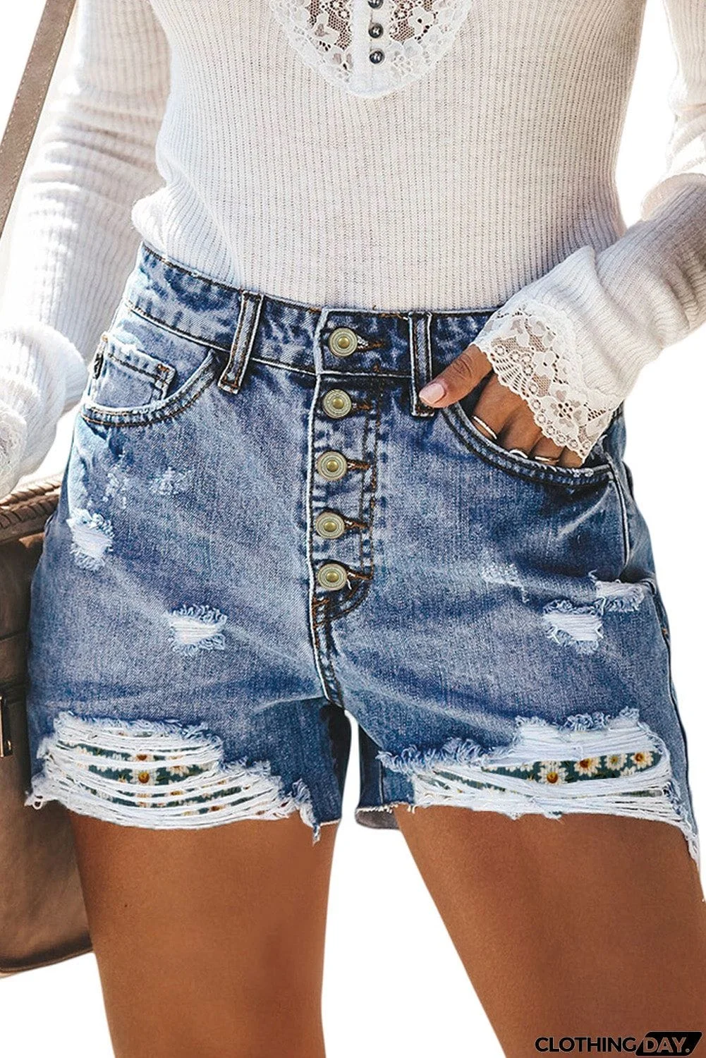 Splicing Button Fly Distressed Denim Shorts