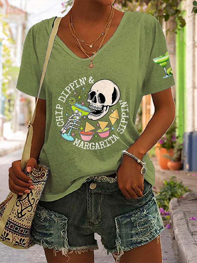 V-neck Retro Cinco De Mayo Chip Dippin' Margarita Sippin' Print T-Shirt