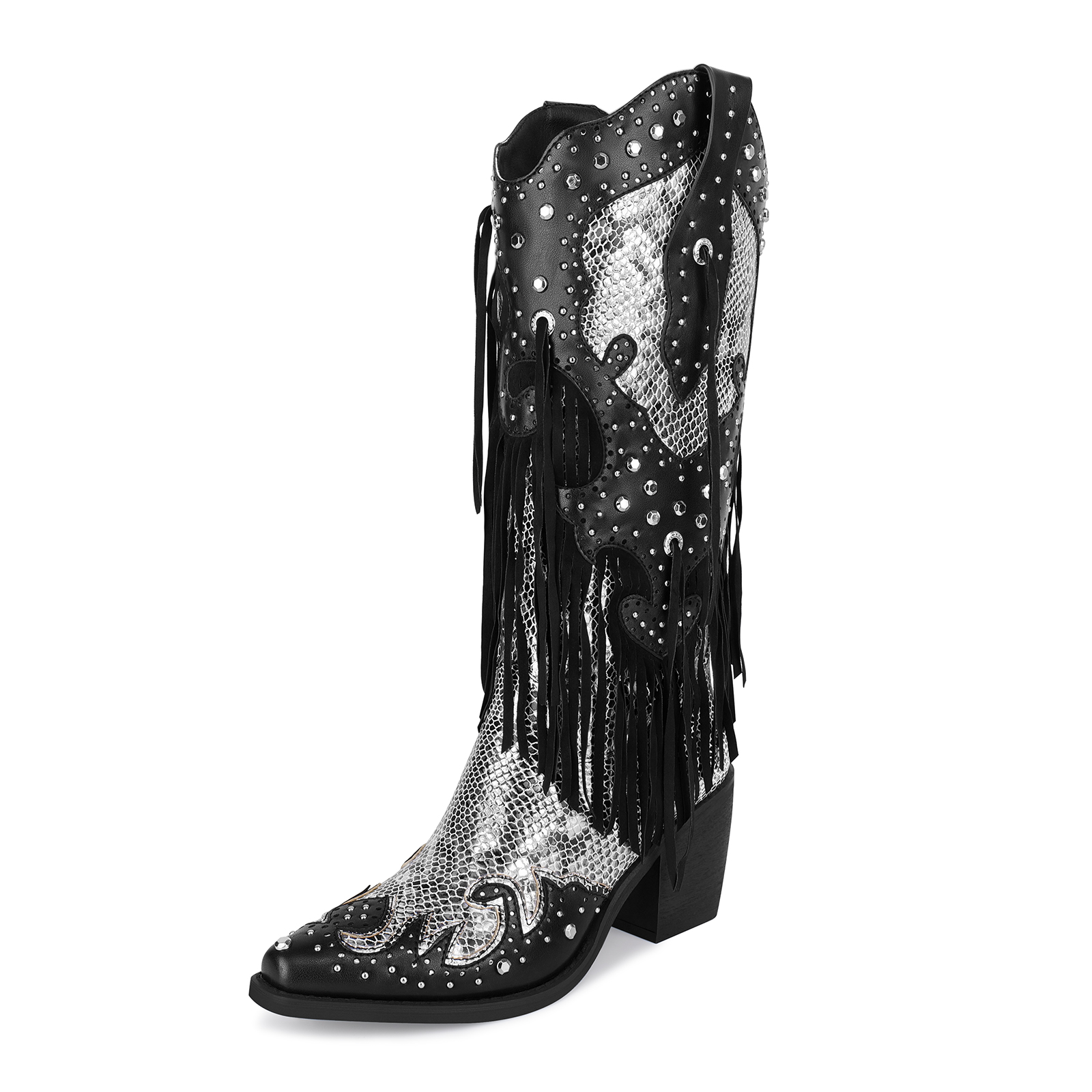 TAAFO Women Knee High Chunky Heel Studded Boots Punk Snakeskin Cowboy Boots Western Fringe Cowboy Boots