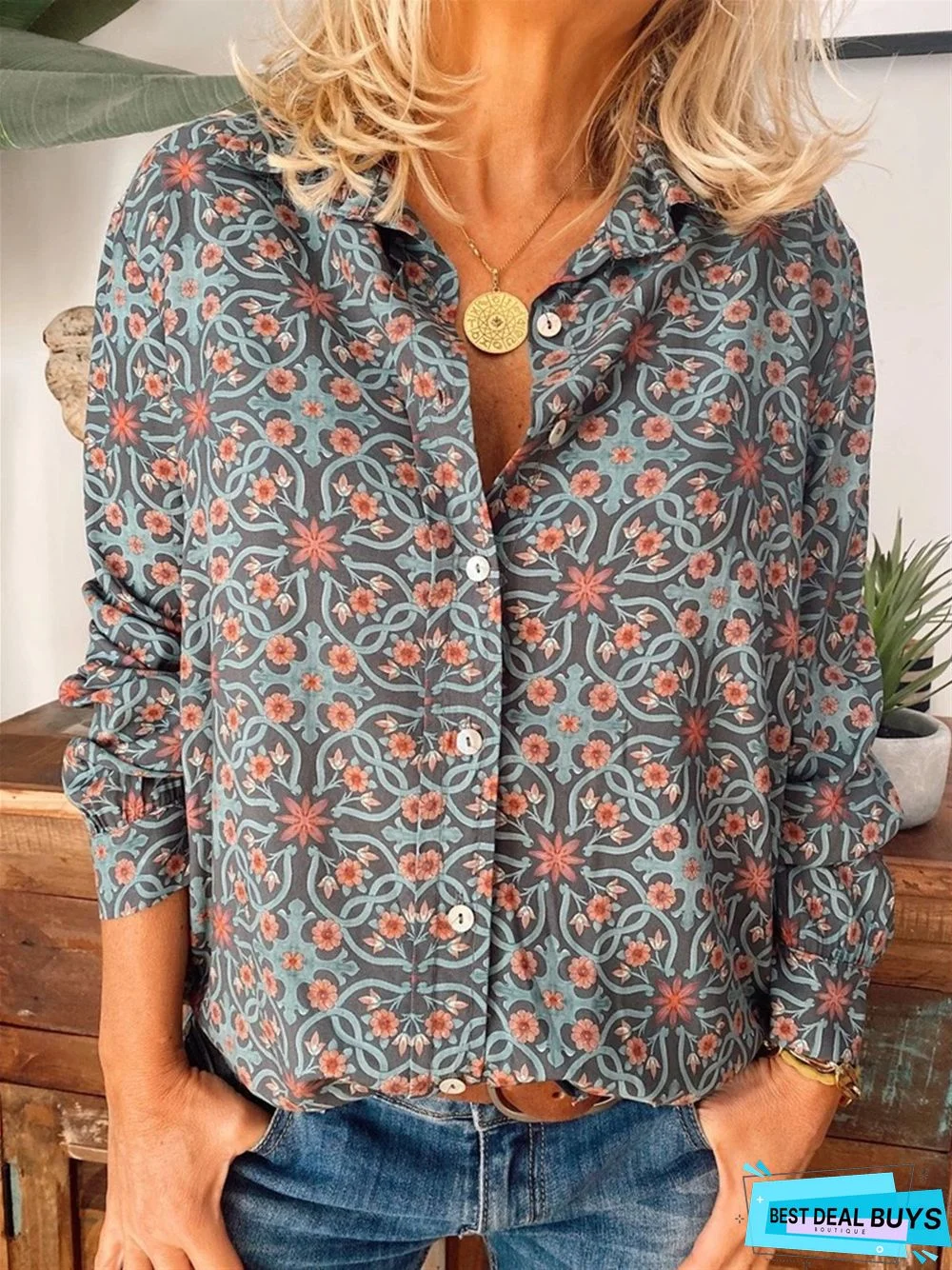 Green Printed Cotton Long Sleeve Casual Blouse & shirt